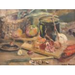 20th century school - Still life of vegetables on a table, indistinctly signed 'Agnes Bowan?' oil on