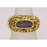 Elizabeth Gage 18ct opal ring with cast scrolled decoration, size M, 9.6g