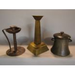 A collection of arts and crafts metal ware comprising a steel lantern with geometric cast panels
