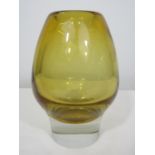 Scandinavian citrine glass vase on a clear pedestal glass base, 19cm high