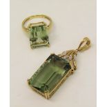 9ct green quartz pendant with diamond set mount and a similar ring, 15.5g total (2)