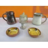 David Leach - Collection of studio pottery comprising two tankards, a lidded preserve pot, a