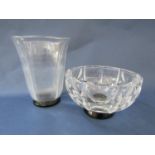 Orrifors glass vase and fruit bowl, both with black pedestal bases, the fruit bowl with geometric