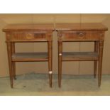 A pair of side or lamp tables in mahogany, the tops quarter veneered with string inlay detail,