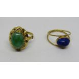14k cabochon jade ring, size O and a further yellow metal lapis lazuli ring with Egyptian stamps,