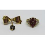 Antique 15ct articulated bow brooch set with a garnet, 3.6g, together with a modern 9ct ruby and