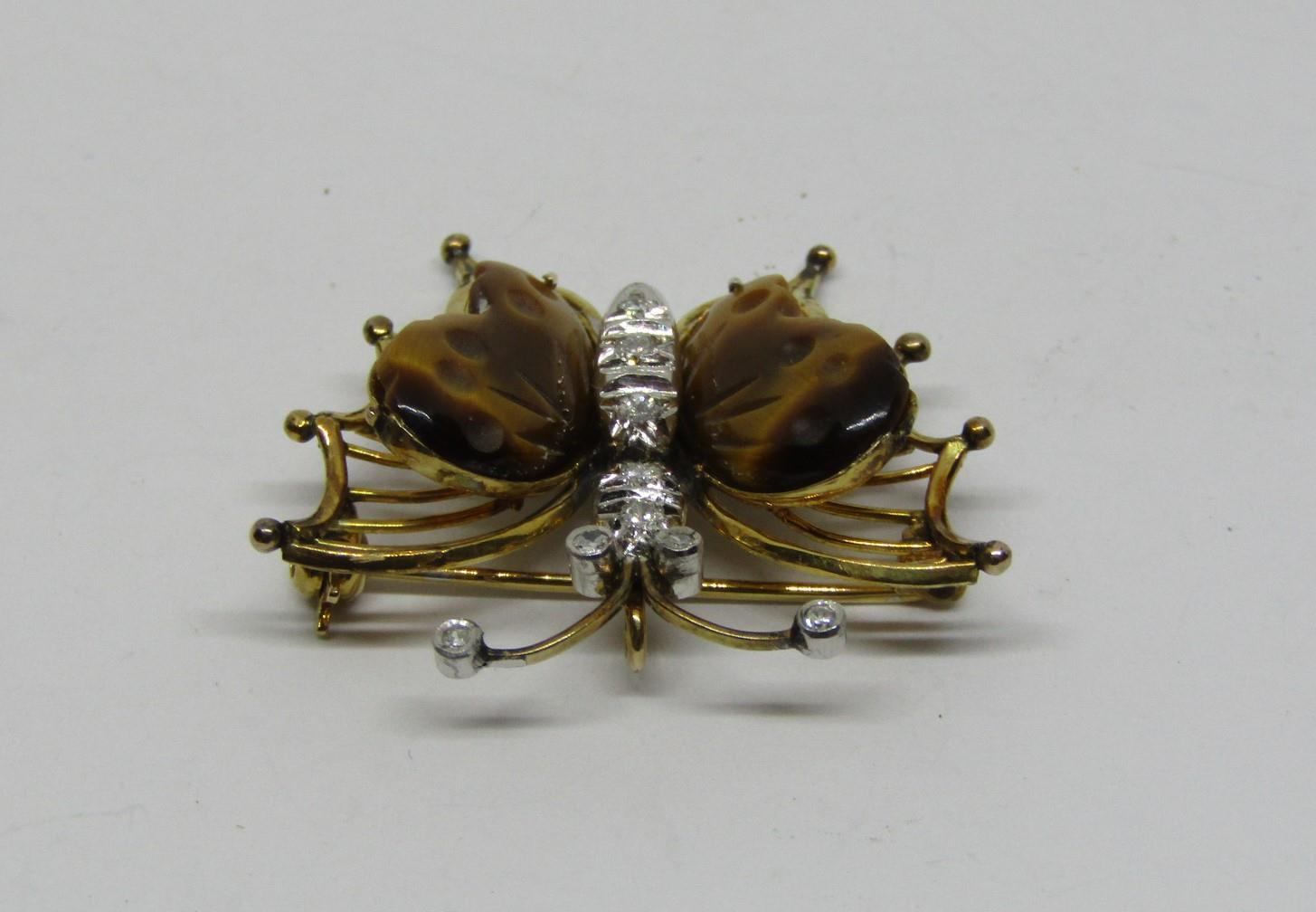 14ct butterfly brooch / pendant set with diamonds and tigers eye, 3cm wide approx, 4.5g - Image 3 of 5