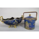 A Carlton ware blue ground two handled bowl of oval form with gilded and enamelled chinoiserie