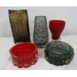 Whitefriars - Five textured glass pieces to include a slab vase, 21cm high, a further grey vase, red