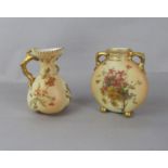 A Royal Worcester blush ivory jug with rustic handle and painted floral decoration and puce