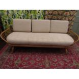 Ercol daybed / studio couch in light elm, with corduroy oatmeal cushions, 200cm long x 80cm high