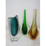 Good quality Scandinavian heavy glass vase with green and striped white interior, 23cm high,