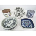 A collection of Scandinavian pottery to include Bjorn Winblad wall plated, decorated with a romantic