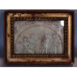 A Grand Tour plaster plaque with raised relief showing mercury and other gods/characters within a