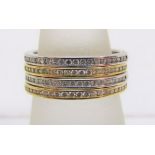 Four 18ct diamond half hoop stacking rings; two white gold and two yellow gold, size O, 8.6g