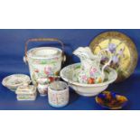 A Copeland Spode jug and basin set with polychrome chinoiserie decoration comprising a jug, basin,