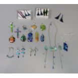 Collection of silver art glass pendants and a ring, together with a further collection of