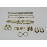 Collection of 9ct jewellery comprising three bracelets and five pairs of earrings, 10.1g total (13)