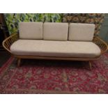 Ercol daybed / studio couch in light elm, with corduroy oatmeal cushions, 200cm long x 80cm high