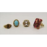 Four stylised 9ct dress rings comprising a tiger's eye, a turquoise, a topaz (16.9g total) and an