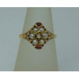 Victorian 18ct pearl, ruby and diamond navette cluster ring, with scrolled enamel decoration, size