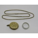 Mixed group of jewellery comprising a 9ct chain link necklace, 7.2g, a gilt metal double sided