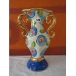Mary Rose Young Studio twin handled flat baluster vase, geometric decoration of gilt roses with blue