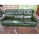 Vintage Gimson Slater - three seater green leather sofa, 216cm long x 90cm high