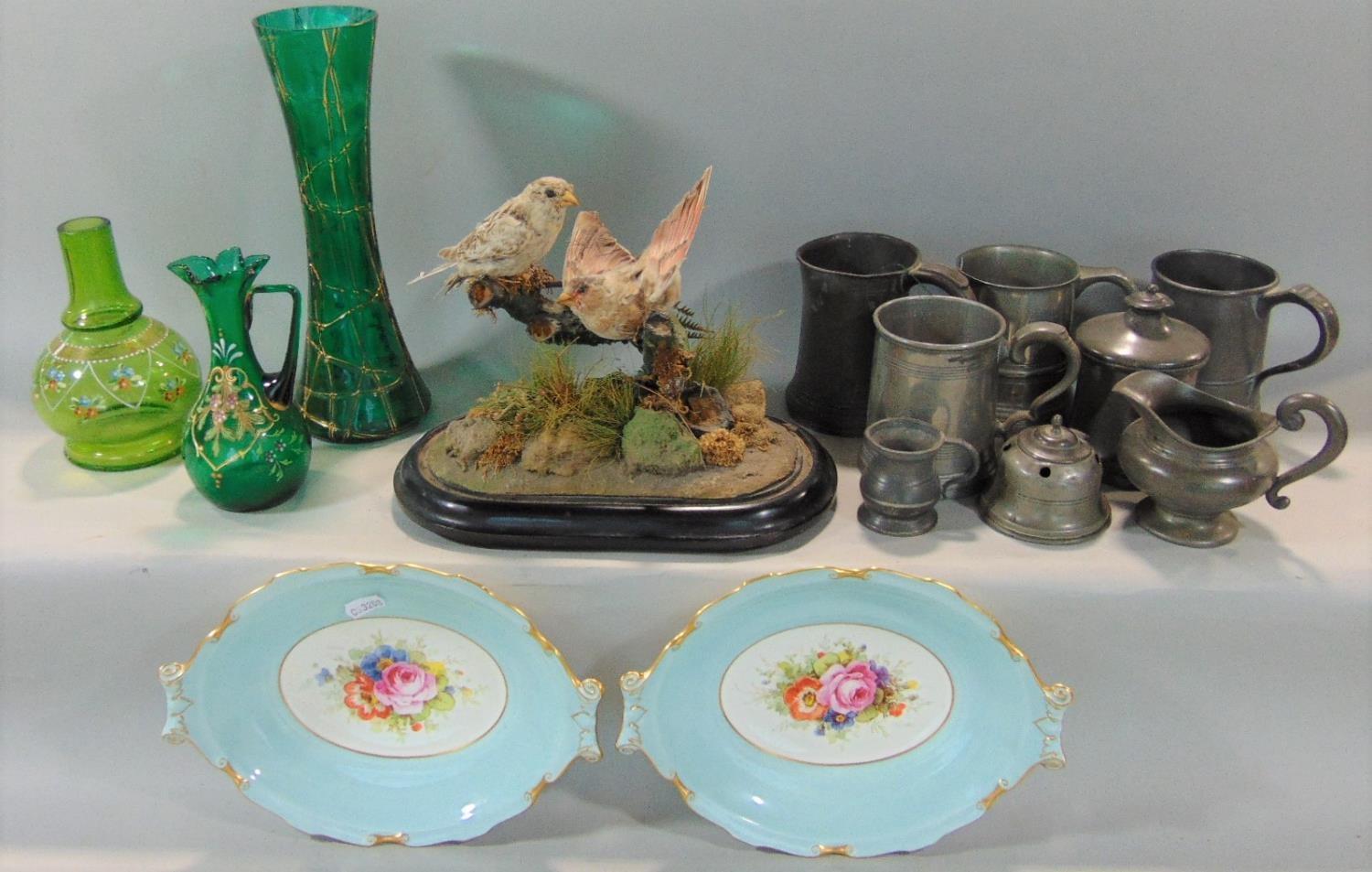 A miscellaneous collection including 19th century and later tankard, three Victorian green glass and