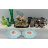 A miscellaneous collection including 19th century and later tankard, three Victorian green glass and
