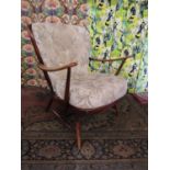 Ercol dark elm stick back lounge chair with swept arms and drop in cushion seats, 82cm high x 74cm