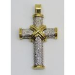 18ct bi-colour gold cross pendant pave set with diamonds, 13.5g