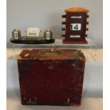 Interesting Morocco leather campaign type desk top cabinet, the hinged lid and front enclosing a