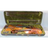 Two violins within a single case, together with four bows, un-named