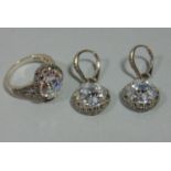 Pair of silver cubic zirconia and marcasite drop earrings and matching ring, size N (3)