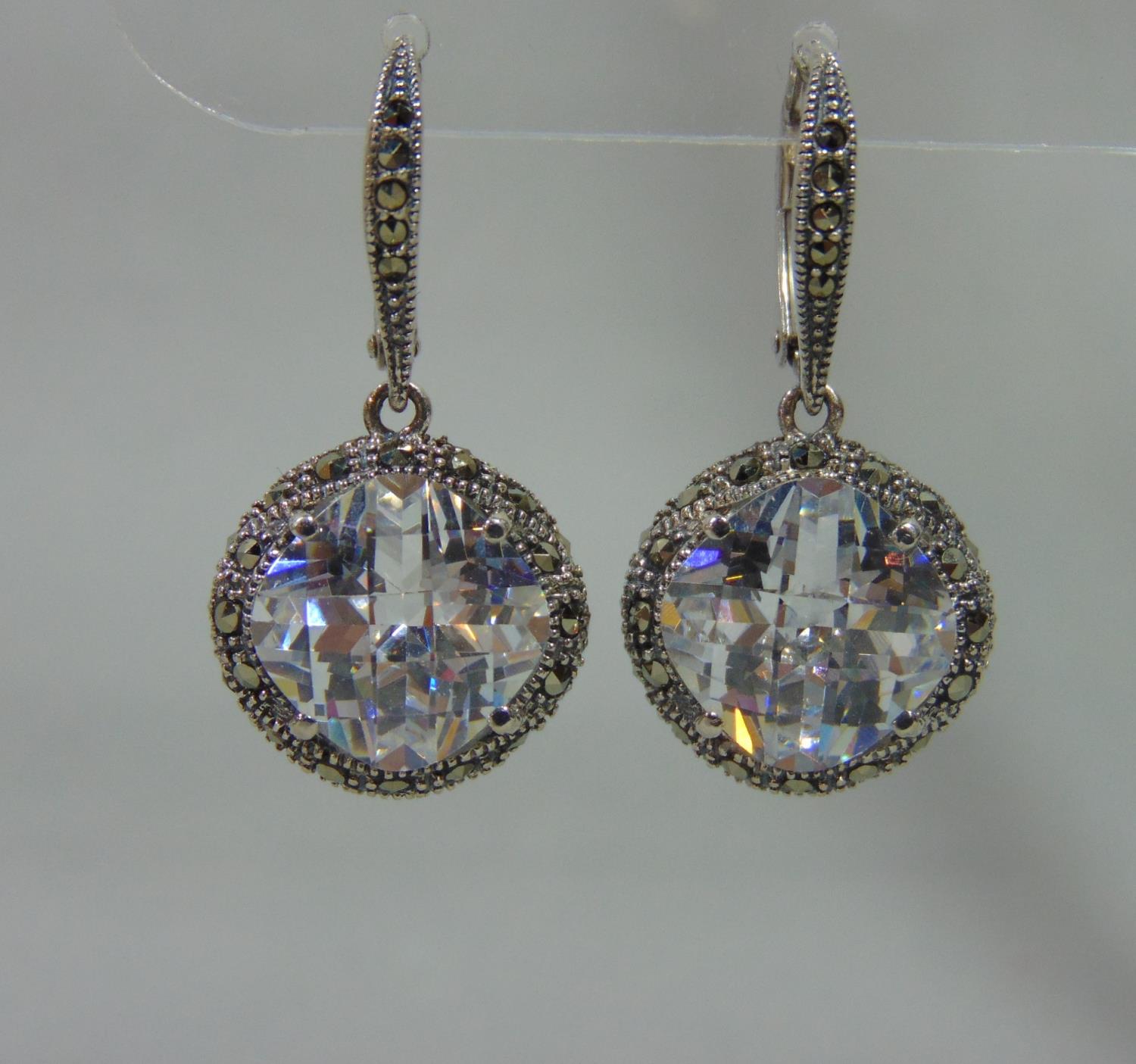 Pair of silver cubic zirconia and marcasite drop earrings and matching ring, size N (3) - Image 3 of 3