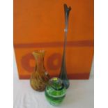 Good quality heavy glass baluster vase with mottled stripe green and white decoration, 23 cm high,