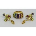 Pair of 18ct multi gem set earrings and a similar 14k ring, size N, 22.9g total (3)