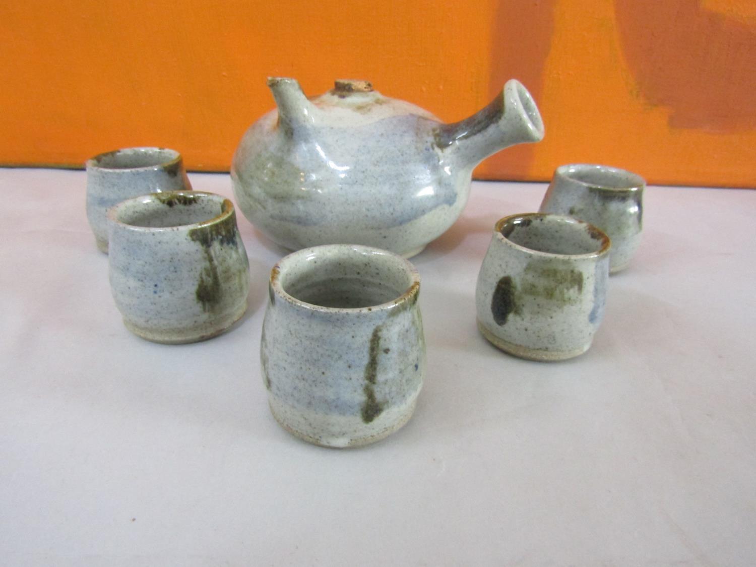 St Ives Pottery Saki/rice wine tea service comprising stylised ovoid tea pot and six celadon - Image 2 of 3