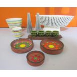 A collection of retro Hornsea ceramics to include three pots, salt and pepper, a four piece cruet