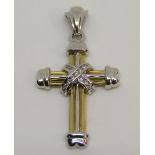 18ct bi-colour gold diamond set cross pendant, 6.3g