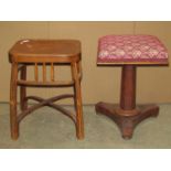 A Victorian mahogany piano/music stool with swivel adjustable square upholstered seat raised on an