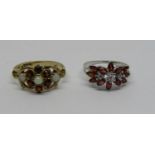 9ct opal and garnet ring, size P and a further 9ct white gold garnet cluster ring, size L, 4.3g