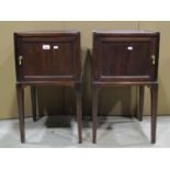 A pair of Maple & Co mahogany bedside cupboards each enclosed by a shallow bow fronted rectangular