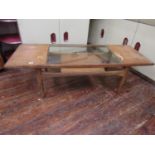 G-Plan teak two tier coffee table with central glass panel, 138cm long x 43cm high