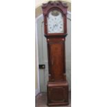 A Georgian oak longcase clock, the hood with swan neck pediment enclosing a broken arch and