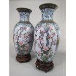 A pair of good quality cloisonné baluster vases with panels of sea birds, further scrolled foliage