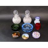 Small collection of glass to include pair of pair of hobnail decanters, paperweights and others (9)