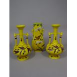 A Minton aesthetic movement two handled vase, with bright yellow ground, with painted daisy, iris