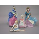 Four Royal Doulton figures comprising Miranda HN1818, Delphine HN2136, My Pet HN2238 and Tootles